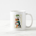 Christmas greeting with a boy hugs a girl mugs