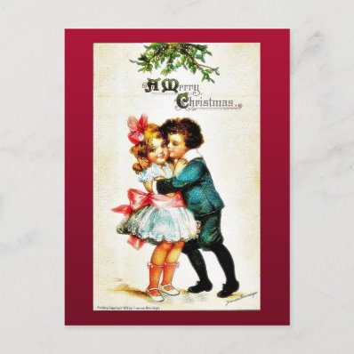 Christmas greeting with a boy hugs a girl postcards