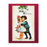 Christmas greeting with a boy hugs a girl