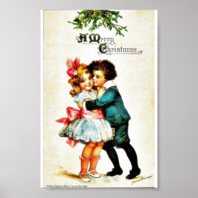 Christmas greeting with a boy hugs a girl posters