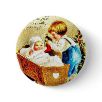 Christmas greeting with a child in a caddle and th buttons