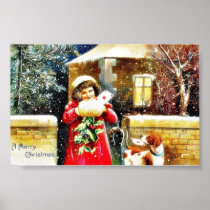 Christmas greeting with a girl opening her gift bo posters