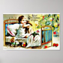 Christmas greeting with a girl sitting on a cot an print