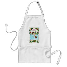 Christmas greeting with a kid like an angel holds apron