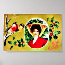 Christmas greeting with a woman and two birds sitt poster