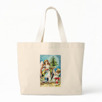 Christmas greeting with an angel carrying christma bags