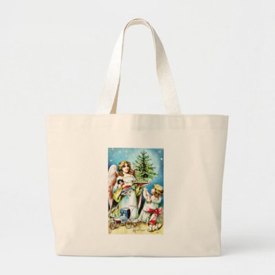 Christmas greeting with an angel carrying christma bags
