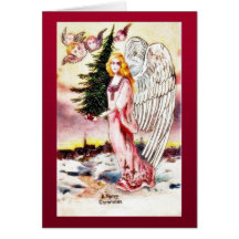 Christmas greeting with an angel carrying christma card