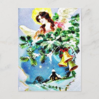 Christmas greeting with an angel carrying christma postcards