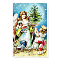 Christmas greeting with an angel carrying christma posters