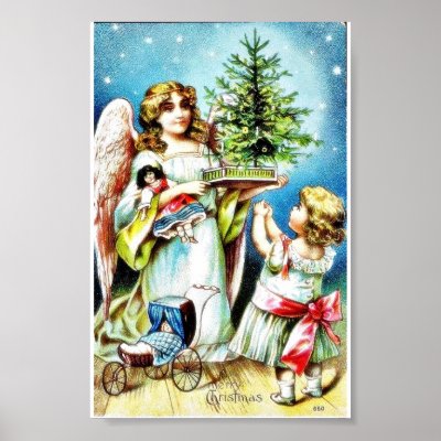 Christmas greeting with an angel carrying christma posters