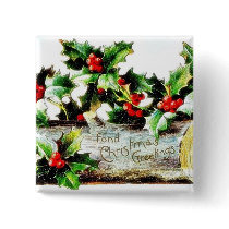 Christmas greeting with holy leaves and leaves aro button