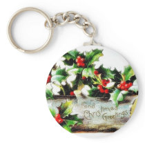 Christmas greeting with holy leaves and leaves aro key chain