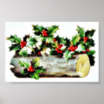 Christmas greeting with holy leaves and leaves aro poster