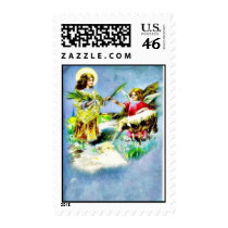 Christmas greeting with jesus gives grass to an an postage stamps