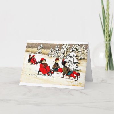 Christmas greeting with kids snow slading cards