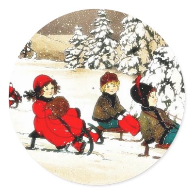 Christmas greeting with kids snow slading stickers