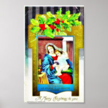 Christmas greeting with Mary and infant jesus phot Poster