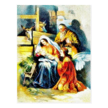 Christmas greeting with mary and joseph holding in postcard