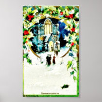 Christmas greeting with people entering into a chu print