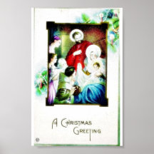 Christmas greeting with photo of jesus, mary, jose posters