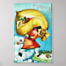 Christmas greeting with santa claus carrying a big posters