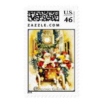 Christmas greeting with santa claus riding a cart postage