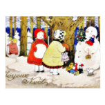 Christmas greeting with snow man presents gifts to post card