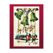 Christmas greeting with three bells and three bird postcards