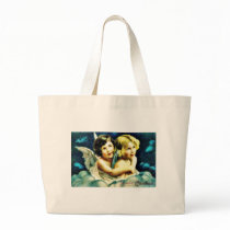 Christmas greeting with two angels huging bags