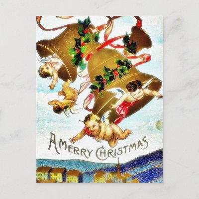 Christmas greeting with two angels huging postcards