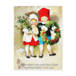 Christmas greeting with two kids holding bouque an
