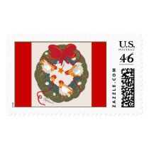 Christmas hens on wreath w bow Postage