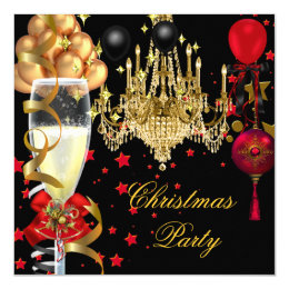 Christmas Holiday Champagne Party Red Gold Black 4 5.25x5.25 Square Paper Invitation Card