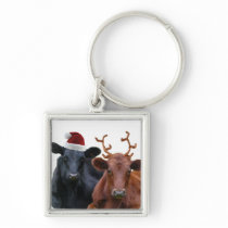 Christmas Holiday Cows in Santa Hat and Antlers Keychains