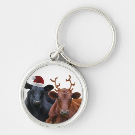 Christmas Holiday Cows in Santa Hat and Antlers Keychains