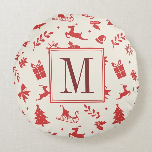 Christmas Holiday Decorative Monogram Initial Round Pillow