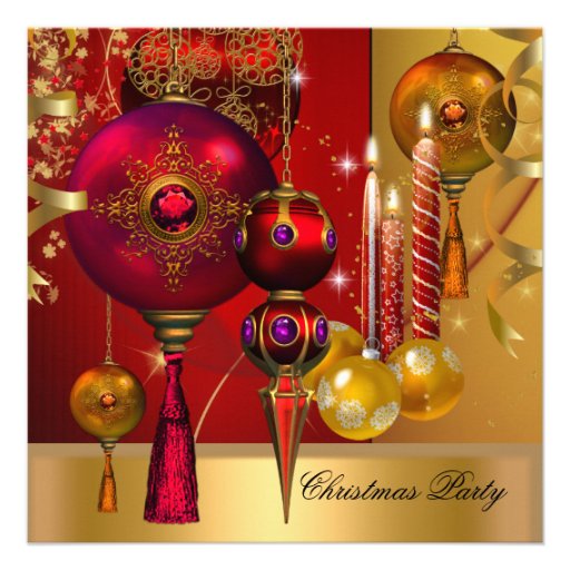 Christmas Holiday Party Gold Red Xmas Balls Personalized Announcement