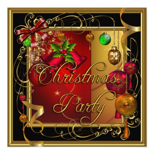 Christmas Holiday Party Gold Red Xmas Glitter Custom Invitations (front side)