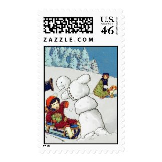 Christmas Holiday Postage Stamps Snowman Kids Sled stamp