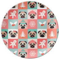 Christmas Holiday Pugs on Checks Porcelain Plate