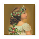 square_magnet - Victorian girl in brown tones with a wreath of Holly on her head. Lovely vintage Christmas art with rich detail and color.: Sizes 