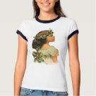 ladies_casual_ringer_tshirt - Victorian girl in brown tones with a wreath of Holly on her head. Lovely vintage Christmas art with rich detail and color.: Sizes  Available colors: whitenavy