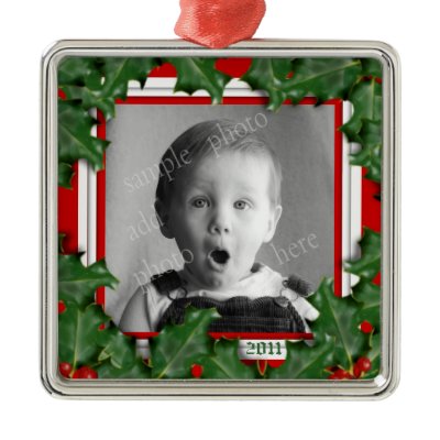 Christmas Holly, Photo Frame, Red Ribbon Ornament