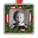 Christmas Holly, Photo Frame, Red Ribbon Ornament ornament