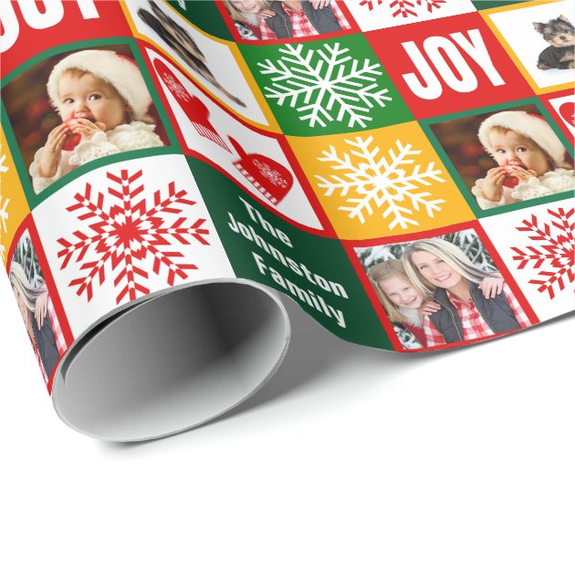 Christmas Joy Snowflake Add Your Own Family Photos Wrapping Paper 1/4