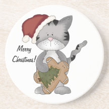 Christmas Kittie Kat-with gingerbread man. Beverage Coaster
