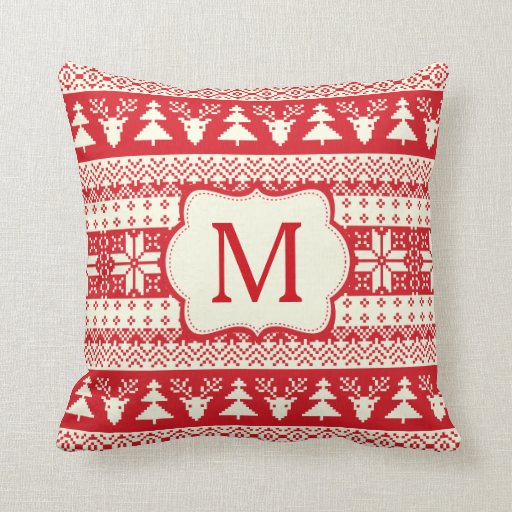 Christmas Knitted Pattern Monogram Initial Throw Pillows Zazzle