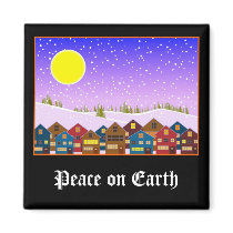 Christmas landscape with houses and snow magnets