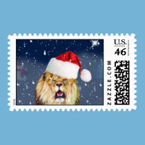 Christmas Lion in Santa Hat Postage Stamp stamps